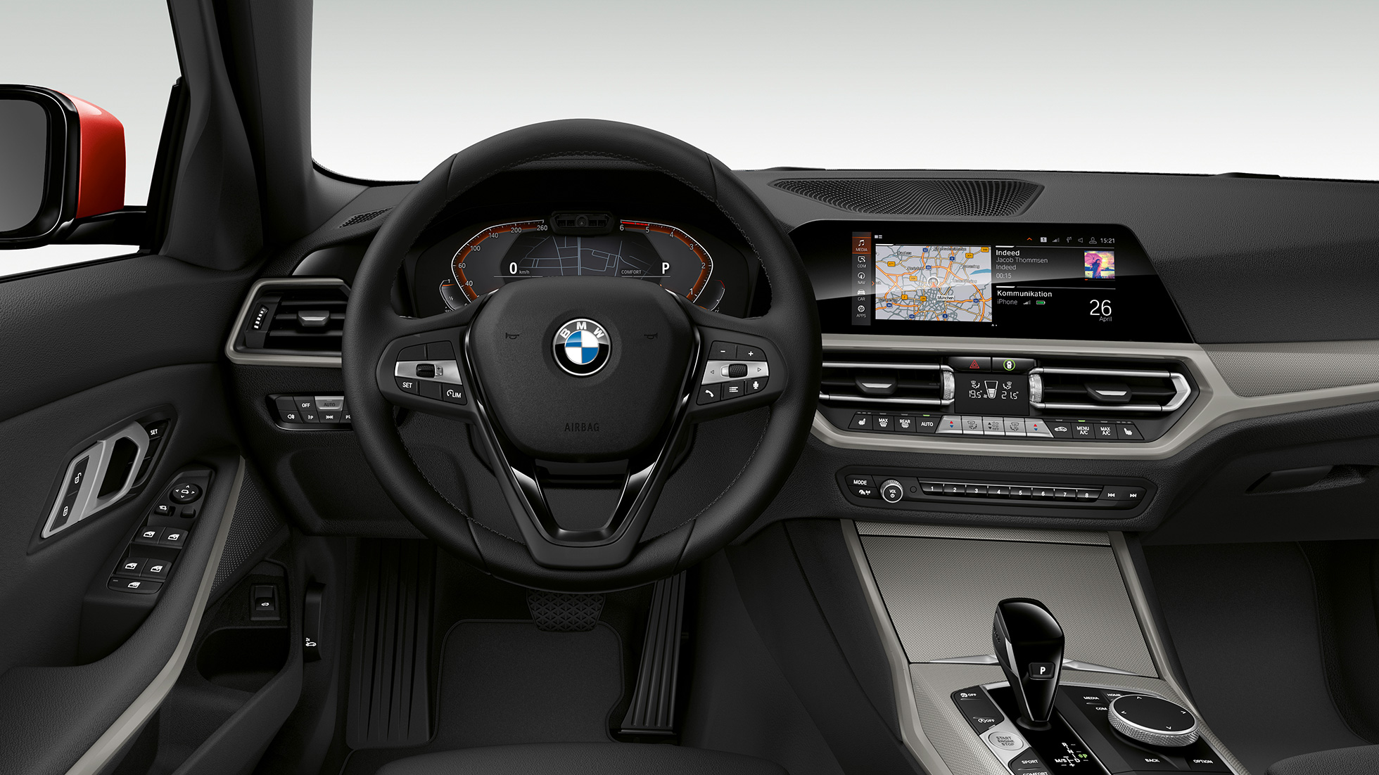 BMW 3 Series Sedan, Model Advantage Cockpit Frontal close-up of the driver's cockpit of the BMW 3 Series Sedan with model Advantage features.