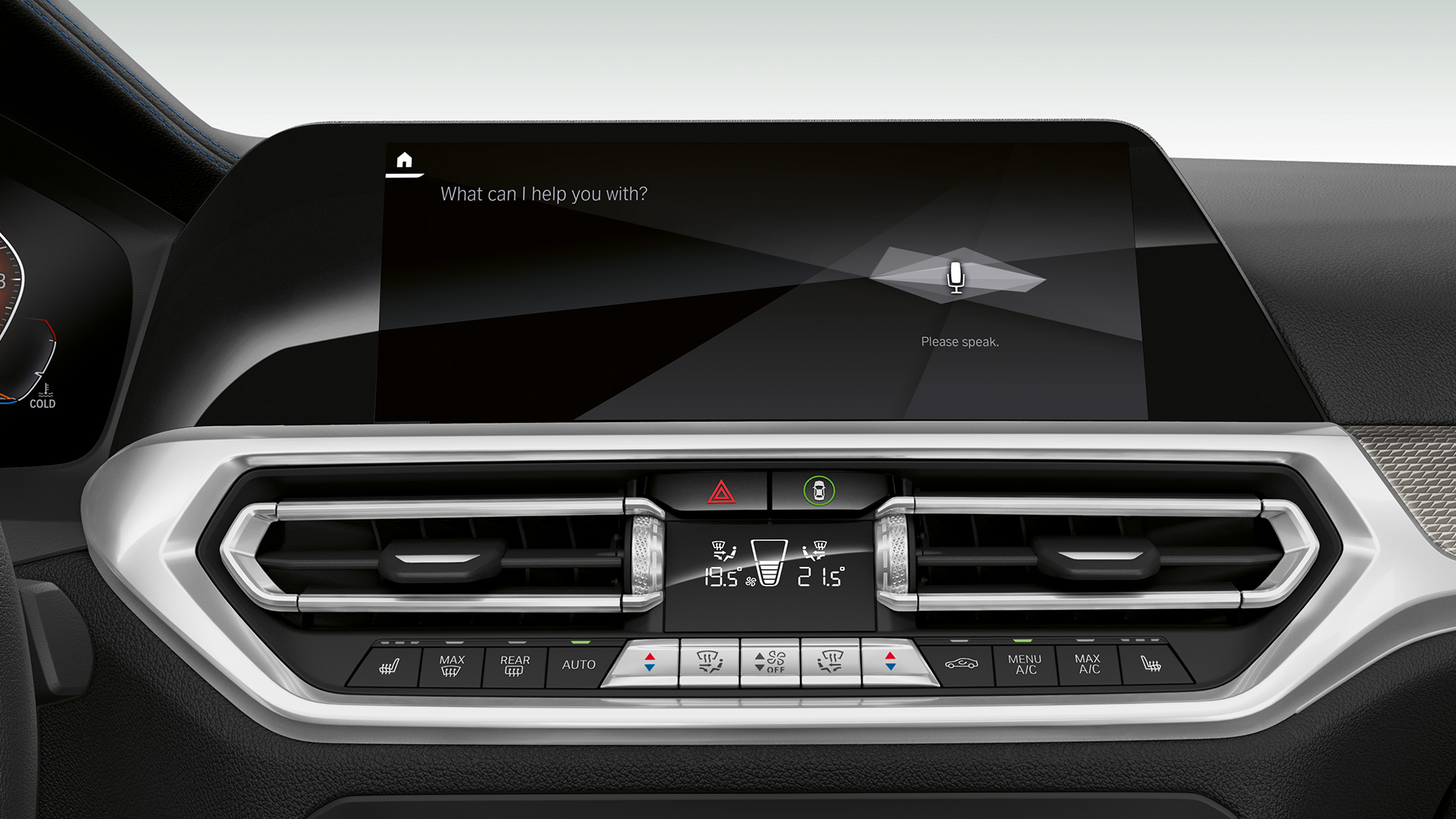 BMW Série 3 Berline, BMW Intelligent Personal Assistant G20. Gros plan sur les affichages avec BMW Intelligent Personal Assistant du poste de conduite de la BMW Série 3 Berline G20.