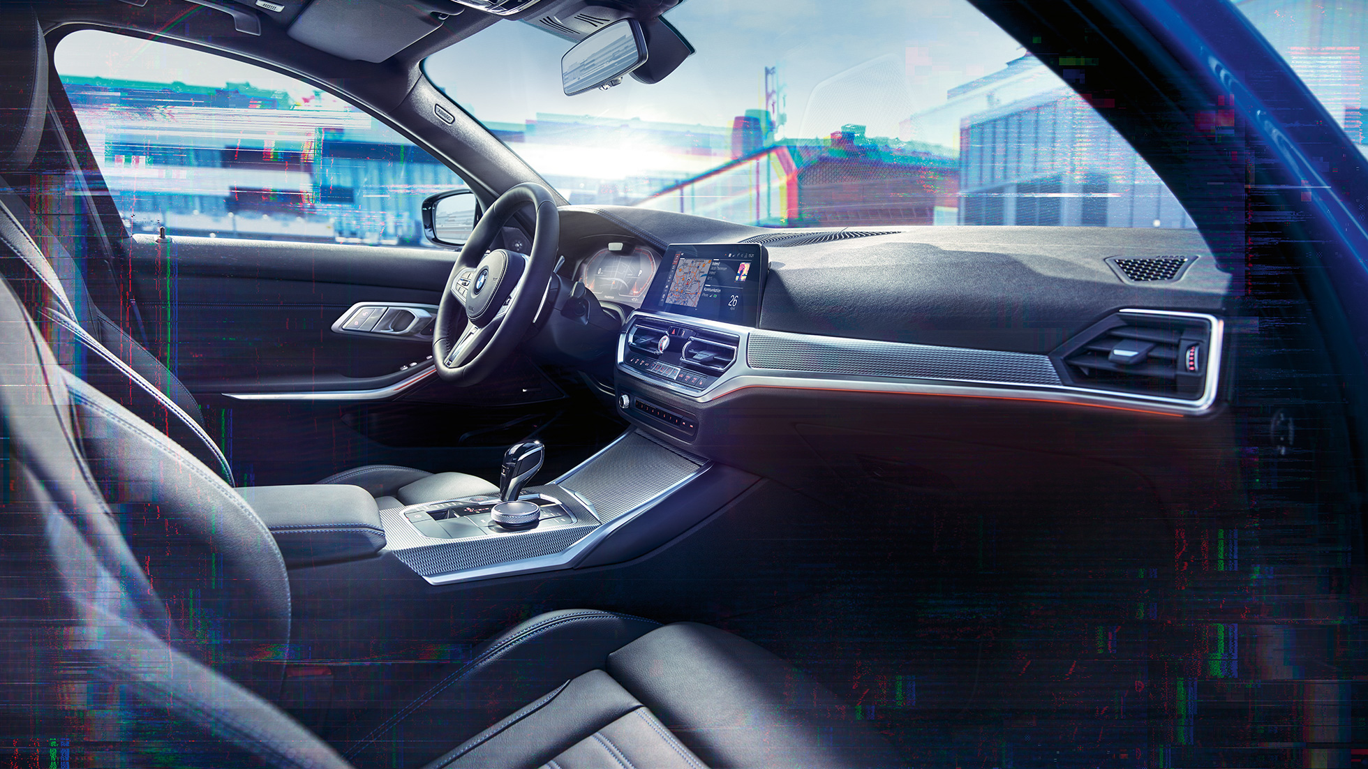 BMW Série 3 Berline, BMW Live Cockpit Navigation Pro G20. Gros plan de l’habitacle de la BMW Série 3 Berline avec BMW Live Cockpit Navigation Pro. G20