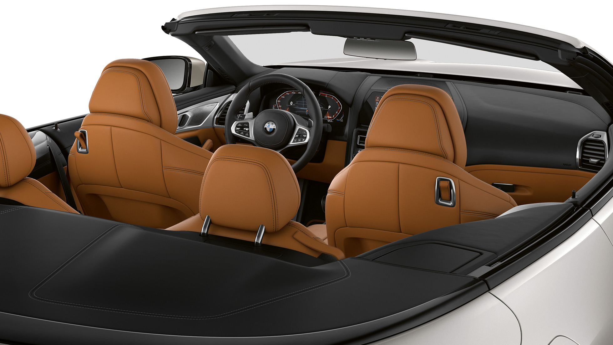 BMW M850i xDrive, intérieur avec capote en tissu ouverte G14. BMW M850i xDrive, intérieur avec capote en tissu ouverte G14.
