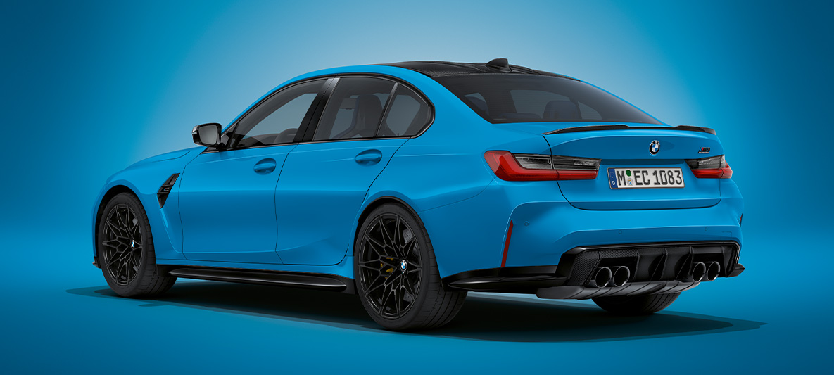 BMW M3 Berline BMW Individual Mexikoblau metallic G80 2021, vue de trois quarts arrière à l'arrêt BMW M3 Berline BMW Individual Mexikoblau metallic G80 2021, vue de trois quarts arrière à l'arrêt