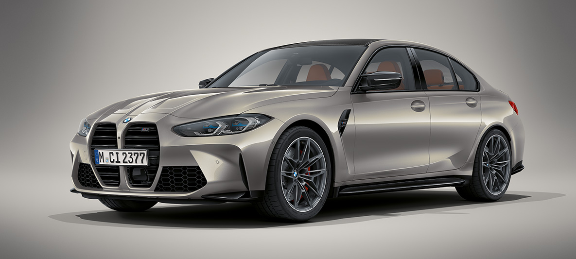 BMW Individual Oxidgrau metallic BMW M3 Berline G80 2020 BMW M3 Berline BMW Individual Oxidgrau metallic G80 2020, vue de trois quarts avant à l'arrêt