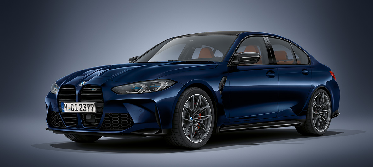 BMW Individual Tansanitblau metallic BMW M3 Berline G80 2020 BMW M3 Berline BMW Individual Tansanitblau metallic G80 2020, vue de trois quarts avant à l'arrêt