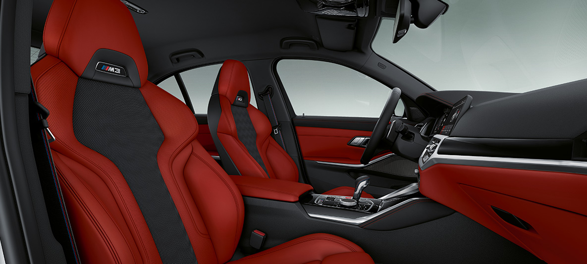BMW Individual tout cuir 'Merino' Fionarot/Schwarz BMW M3 Berline 2020 G80, habitacle BMW Individual tout cuir 'Merino' Fionarot/Schwarz BMW M3 Berline G80 2020, habitacle