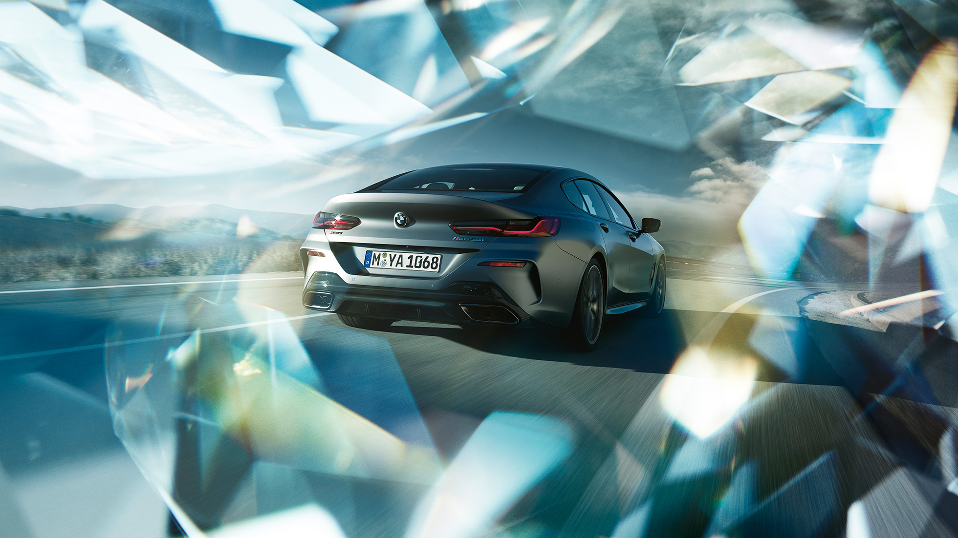 BMW M850i xDrive Gran Coupé, vue de trois quarts arrière G16 Vue arrière de trois quarts de la BMW M850i xDrive Gran Coupé G16 2019 BMW Individual Frozen Bluestone metallic