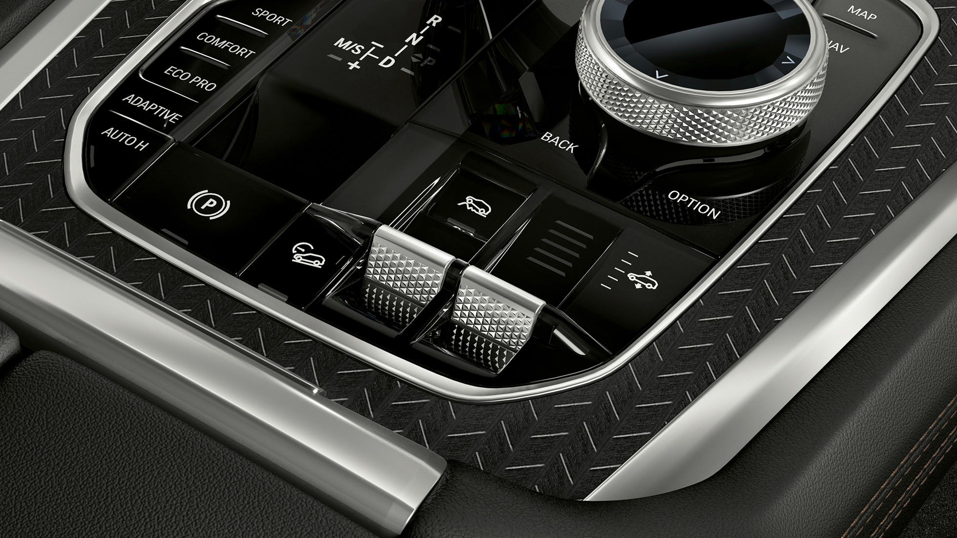 Console centrale de la BMW X6 G06. Vue en gros plan de l’habitacle de la BMW X6 avec vue sur la console centrale G06.