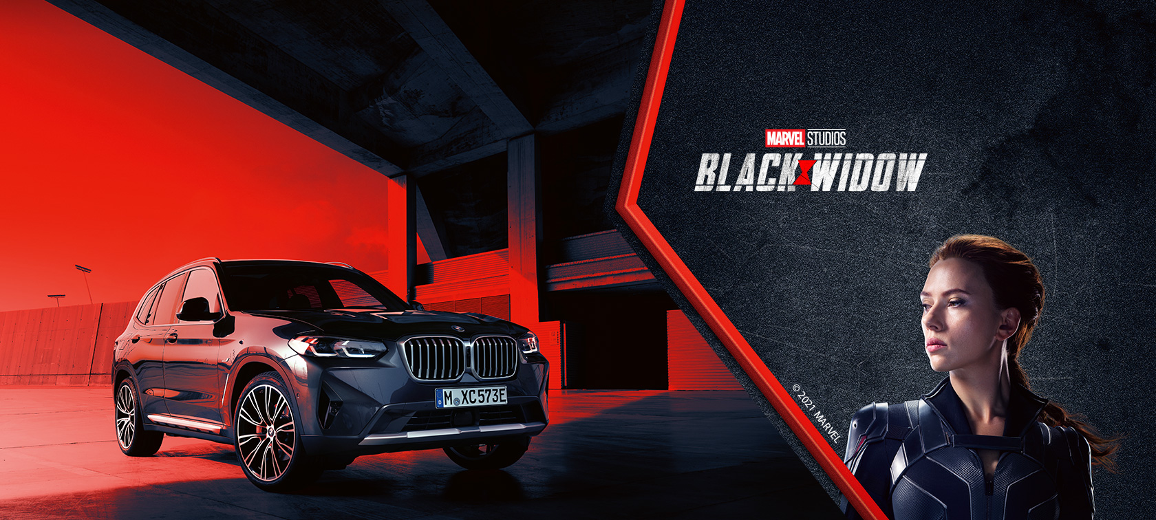 BMW X3 xDrive30e 2021 G01 et Black Widow de Marvel Studios BMW X3 xDrive30e 2021 G01 et Black Widow de Marvel Studios