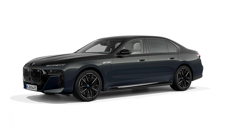 BMW M760e xDrive G70 PHEV Vue de face 3/4 à l'arrêt