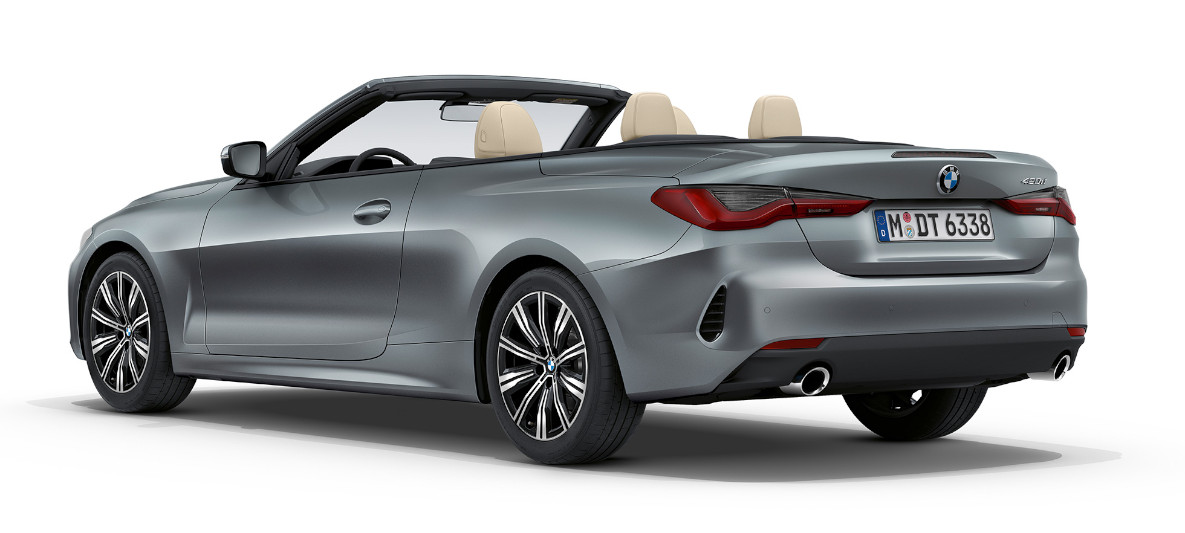 Vue de trois quarts arrière de la BMW Série 4 Cabrio G23 2020 Bluestone metallic Vue de trois quarts arrière de la BMW Série 4 Cabrio G23 2020 Bluestone metallic