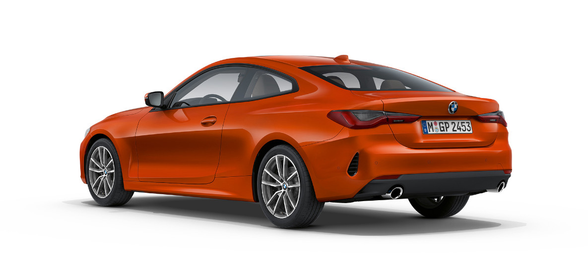 Vue de trois quarts arrière BMW Série 4 Coupé équipement de base G22 2020 BMW Série 4 Coupé G22 2020 équipement de base Sunset Orange metallic vue de trois quarts arrière