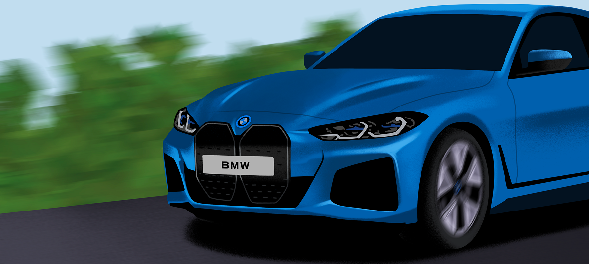 Voiture électrique BMW bleu en mouvement