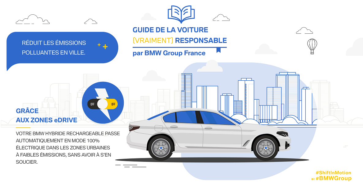 Avec BMW eDriveZones, votre BMW hybride rechargeable bascule automatiquement en 100% électrique à l'entrée des zones à faibles émissions.