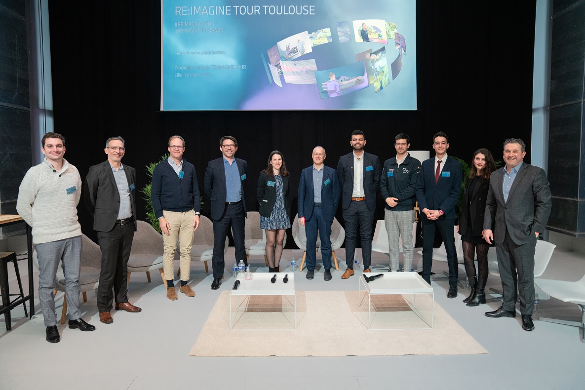 Jérémy Dulout, Président de BATCONNECT / Benoit Desjeux, Directeur opérationnel du Campus des métiers et des qualifications Mobilité et Transport intelligent / Benoit Perrin, Directeur général d'Easymile / Pierre-Olivier Nau, Président du MEDEF Haute Garonne / Lucie Mandile, Directrice du développement de Karos / Jean-Luc di Paola, Directeur adjoint des affaires publiques et du développement durable de Valéo / Romain Pupier, Directeur du développement de la FA7 Junior-Etudes / Corentin Favier, Directeur commercial de la FA7 Junior-Etudes / Victor Pouille, Vice-président d'Escadrille / Paloma Vergnaud, Directrice commerciale d'Escadrille / Vincent Salimon, Président du Directoire de BMW Group France