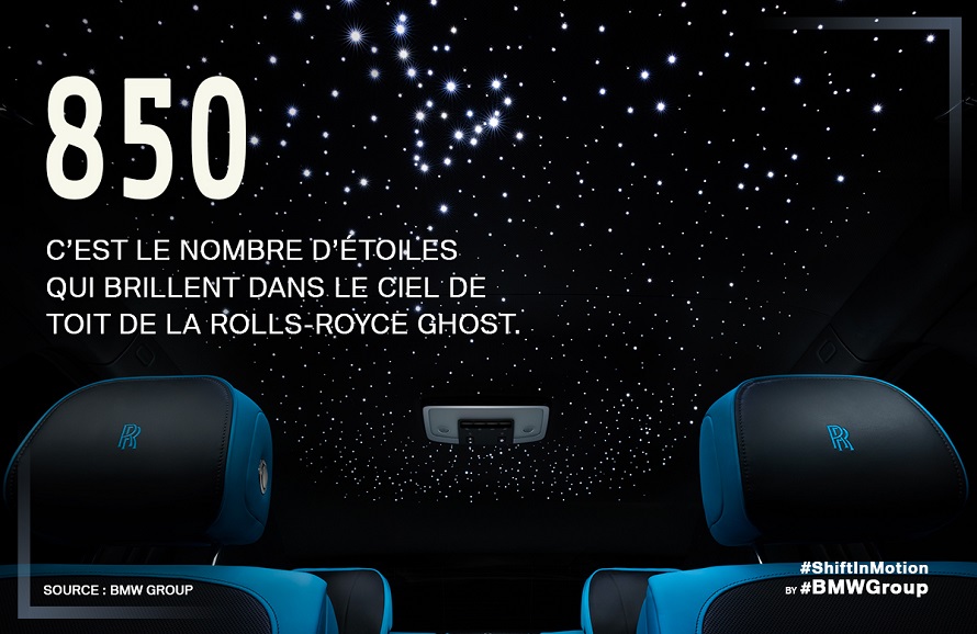 850 c'est le nombre d'étoiles qui brillent dans le ciel de toit de la Rolls-Royce Ghost.