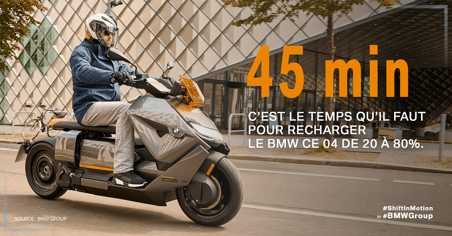45 mn - c’est le temps qu’il faut pour recharger le BMW CE 04 de 20 à 80%.