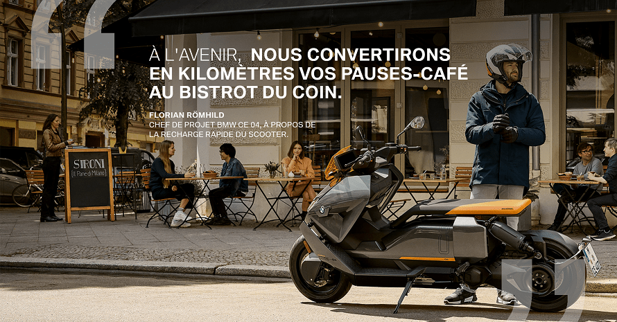 « À l'avenir, nous convertirons en kilomètres vos pauses-café au bistrot du coin. » Florian Römhild, Chef de projet BMW CE 04, à propos de la recharge rapide du scooter.