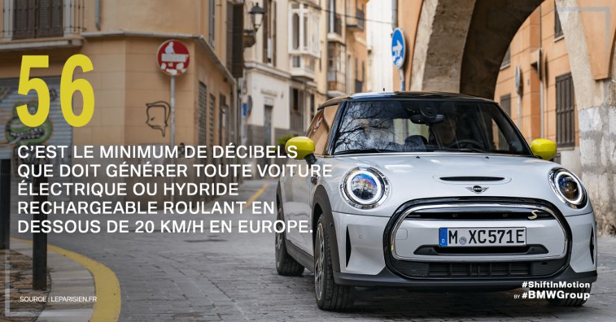 56, c’est le minimum de décibels que doit générer toute voiture électrique ou hydride rechargeable roulant en dessous de 20 km/h en Europe. 